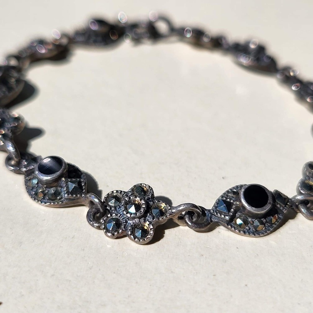 Vintage 925 Sterling Silver Black Onyx Marcasite Panel Link Bracelet Art Deco - Picture 8 of 10
